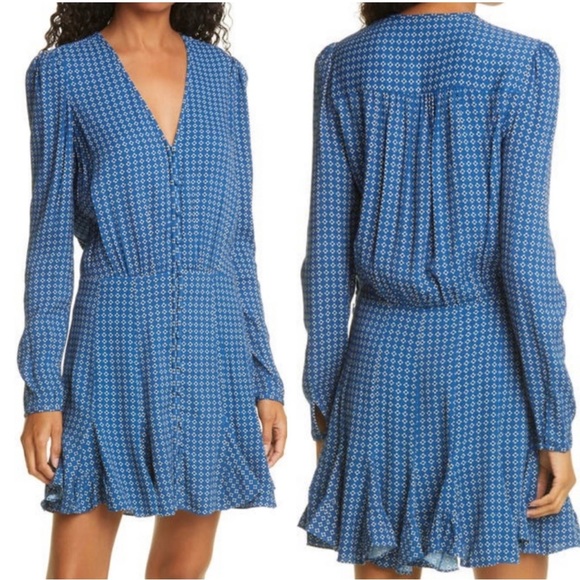 NWT Veronica Beard Riggins Long Sleeve Patterned Blue Mini Dress Women’s Size 14 - Picture 1 of 12
